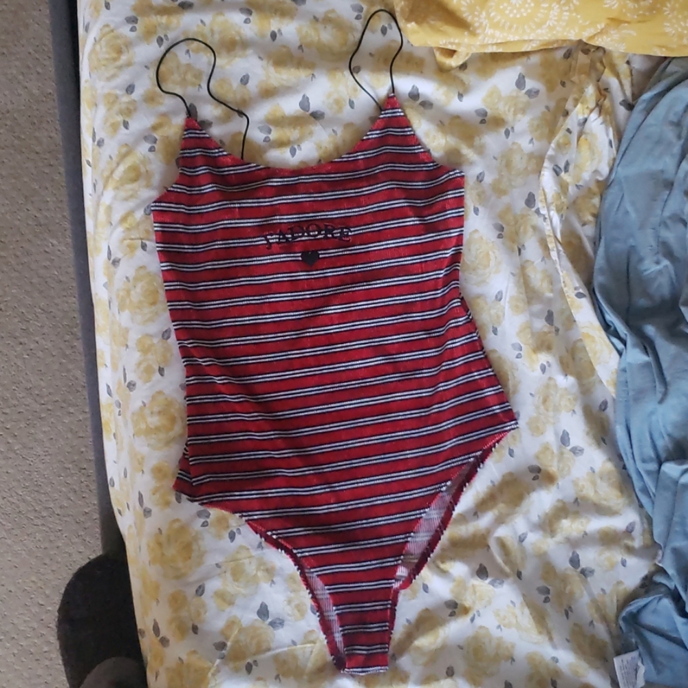 J'adore striped heart leotard one piece onesie